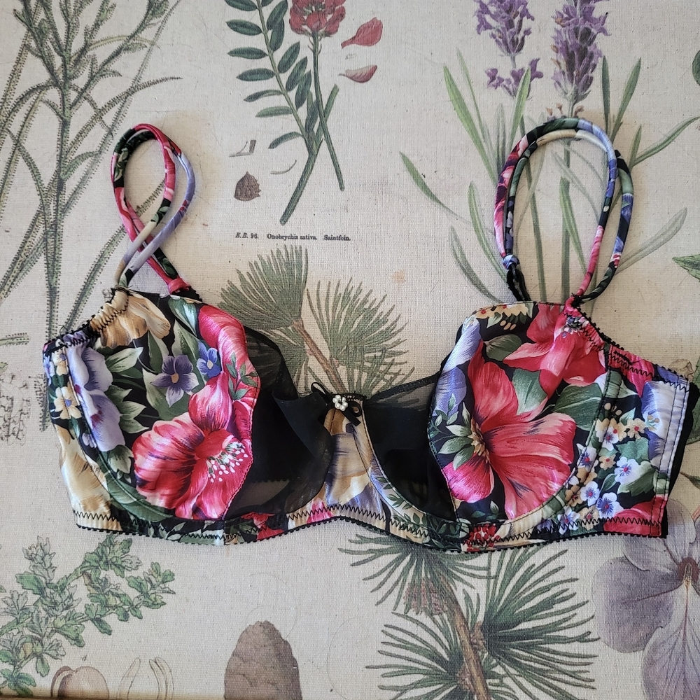 Vintage Gold Label Victoria’s Secret Black Floral Mesh/Satin Demi Bra 34C